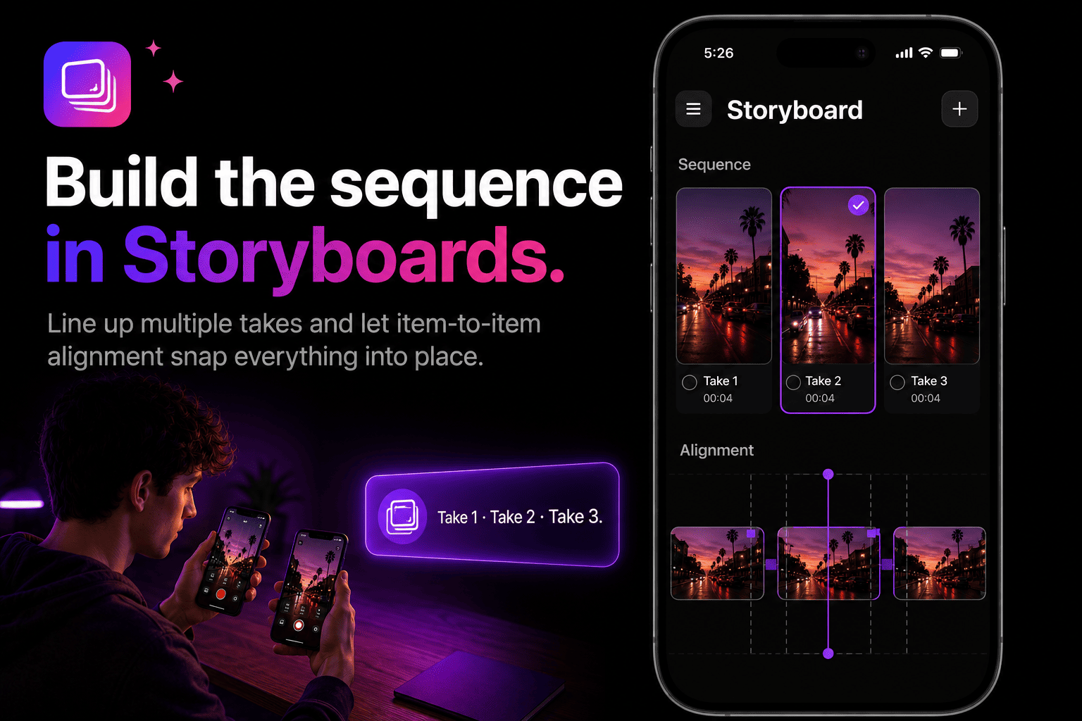The Edits Storyboard screen showing multiple takes lined up