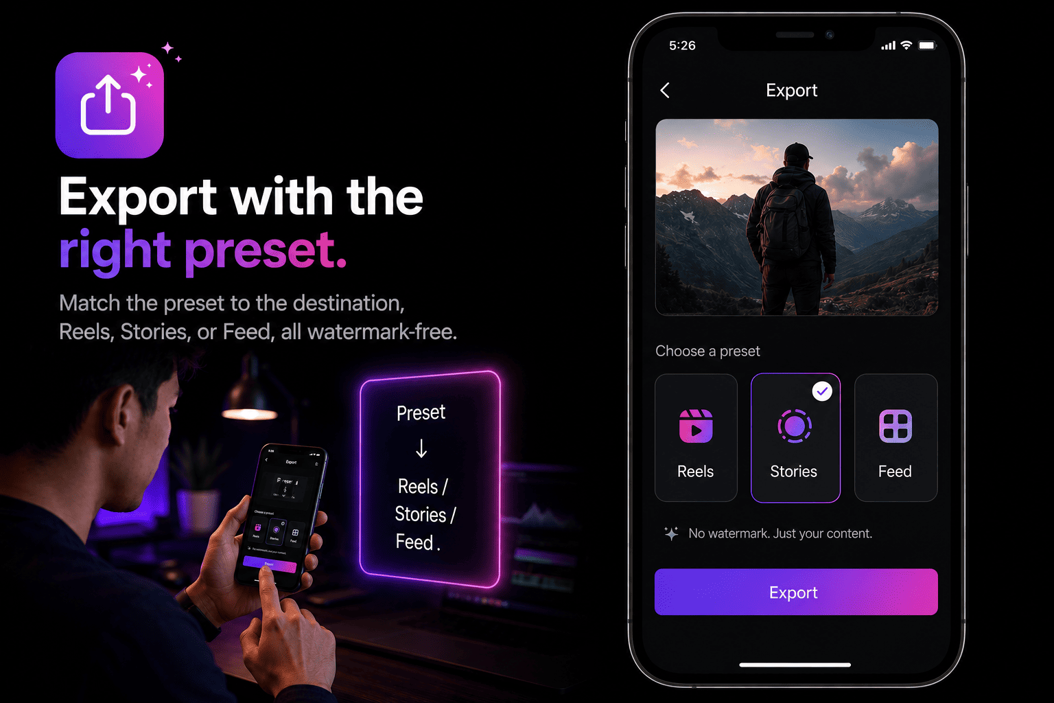 The Edits export screen showing preset options for Reels, Stories, and Feed